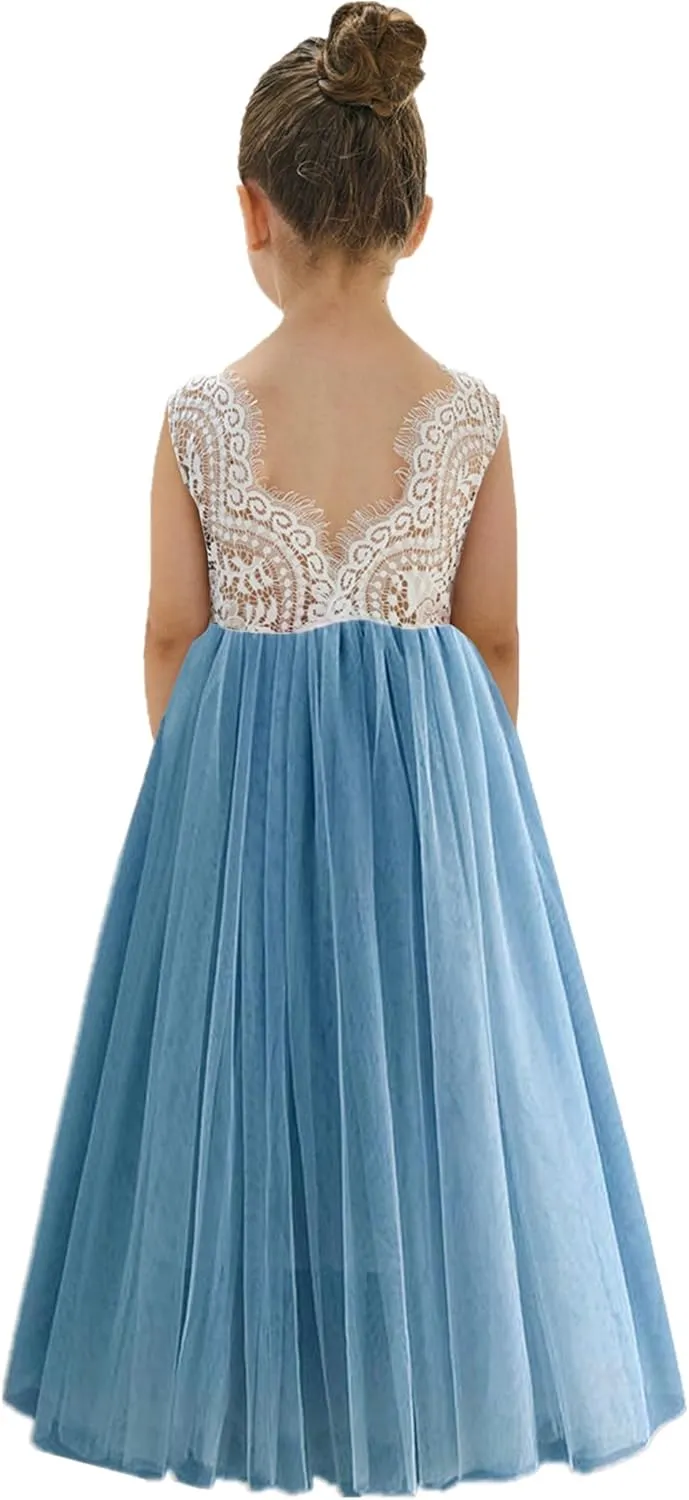 2Bunnies Girl Peony Lace Back A-Line Straight Tutu Tulle Party Flower Girl Dress