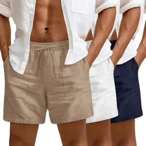 3 Pack Men's Linen Shorts, 3.5 Inch Cotton Drawstring Casual Summer Shorts Elastic Waist Beach Bottom with Pockets