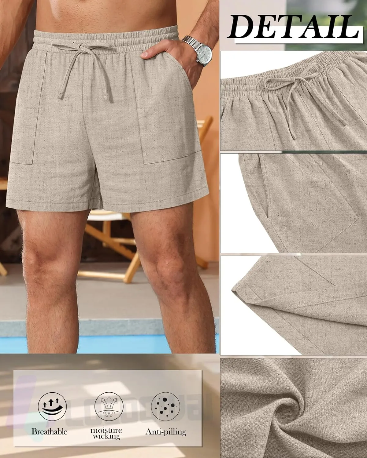 3 Pack Men's Linen Shorts, 3.5 Inch Cotton Drawstring Casual Summer Shorts Elastic Waist Beach Bottom with Pockets