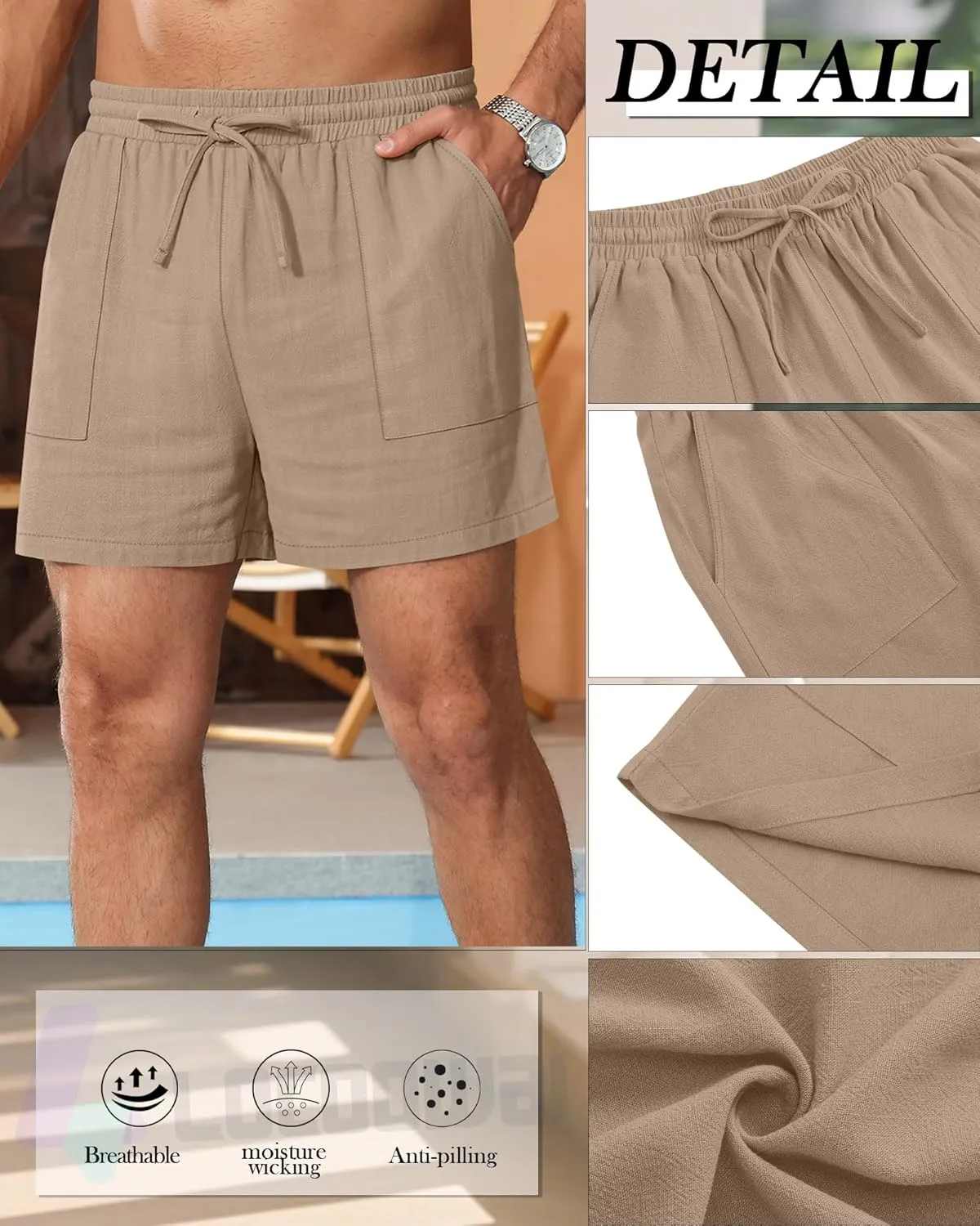 3 Pack Men's Linen Shorts, 3.5 Inch Cotton Drawstring Casual Summer Shorts Elastic Waist Beach Bottom with Pockets