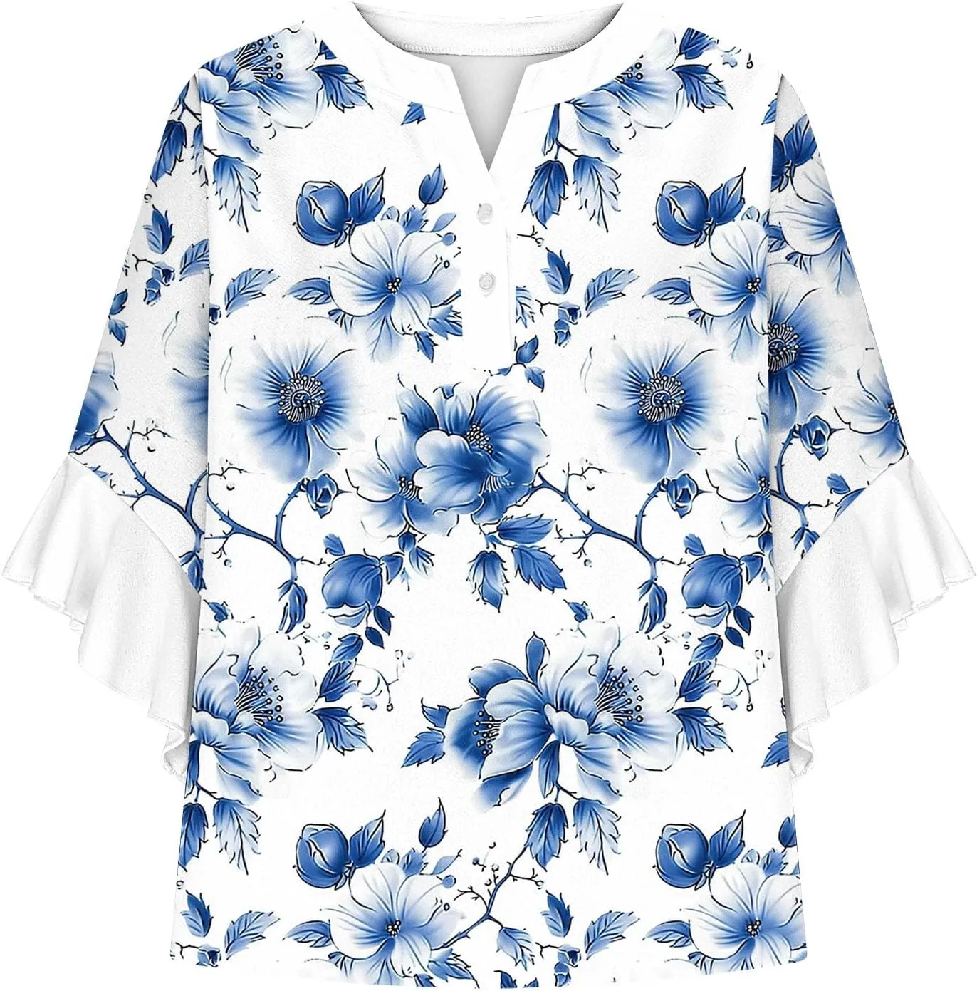 3/4 Sleeve Tops for Women Ruffle Sleeve Blouses Dressy Oversized Shirts Button V Neck Flowy Tunic Tops Retro Floral Tee
