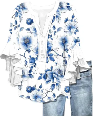 3/4 Sleeve Tops for Women Ruffle Sleeve Blouses Dressy Oversized Shirts Button V Neck Flowy Tunic Tops Retro Floral Tee