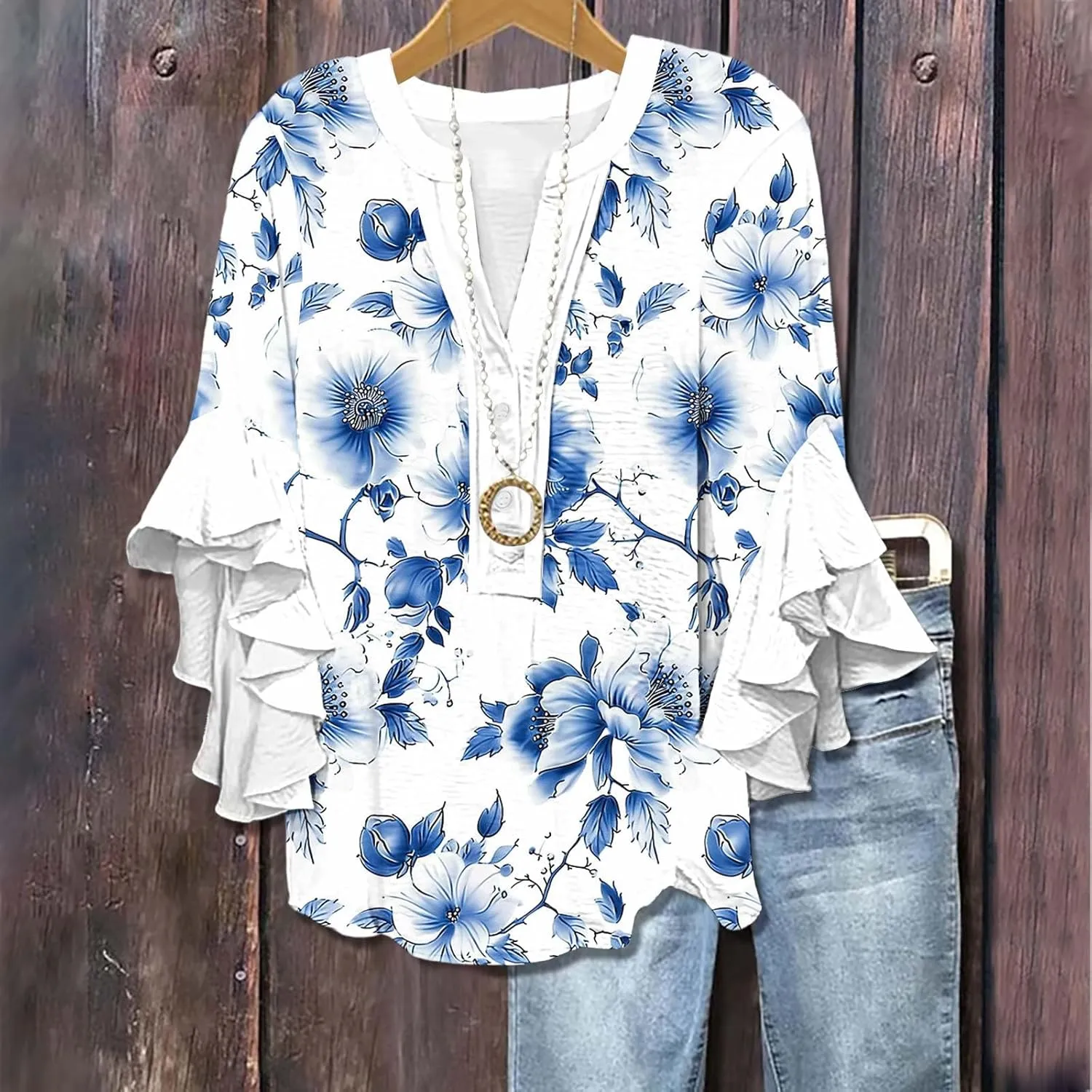 3/4 Sleeve Tops for Women Ruffle Sleeve Blouses Dressy Oversized Shirts Button V Neck Flowy Tunic Tops Retro Floral Tee