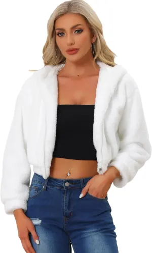 Allegra K Women's Faux Fur Coat Zip Up Casual Fuzzy Fluffy Crop Hooded Jackets