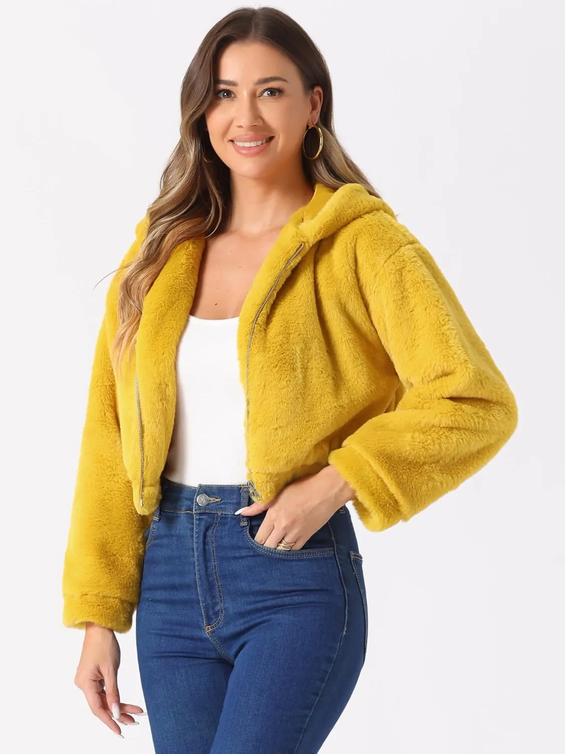 Allegra K Women's Faux Fur Coat Zip Up Casual Fuzzy Fluffy Crop Hooded Jackets