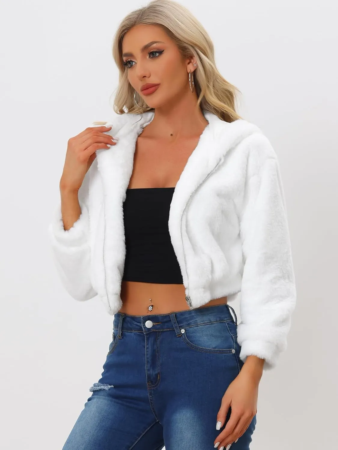 Allegra K Women's Faux Fur Coat Zip Up Casual Fuzzy Fluffy Crop Hooded Jackets