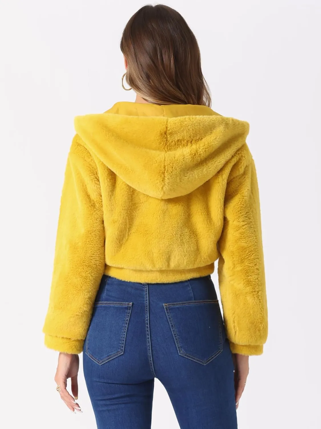 Allegra K Women's Faux Fur Coat Zip Up Casual Fuzzy Fluffy Crop Hooded Jackets