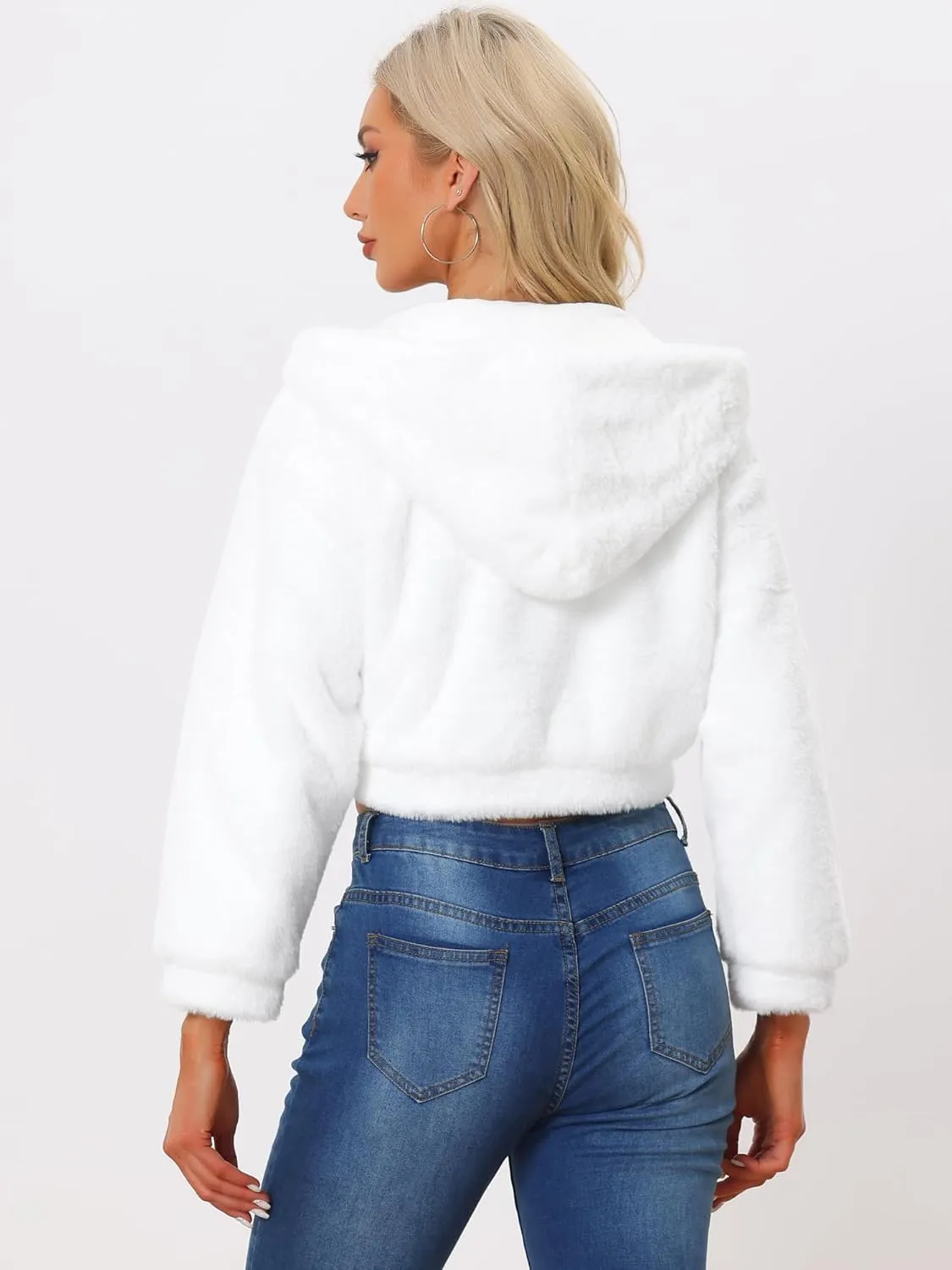Allegra K Women's Faux Fur Coat Zip Up Casual Fuzzy Fluffy Crop Hooded Jackets