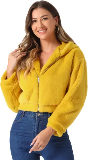 Allegra K Women's Faux Fur Coat Zip Up Casual Fuzzy Fluffy Crop Hooded Jackets