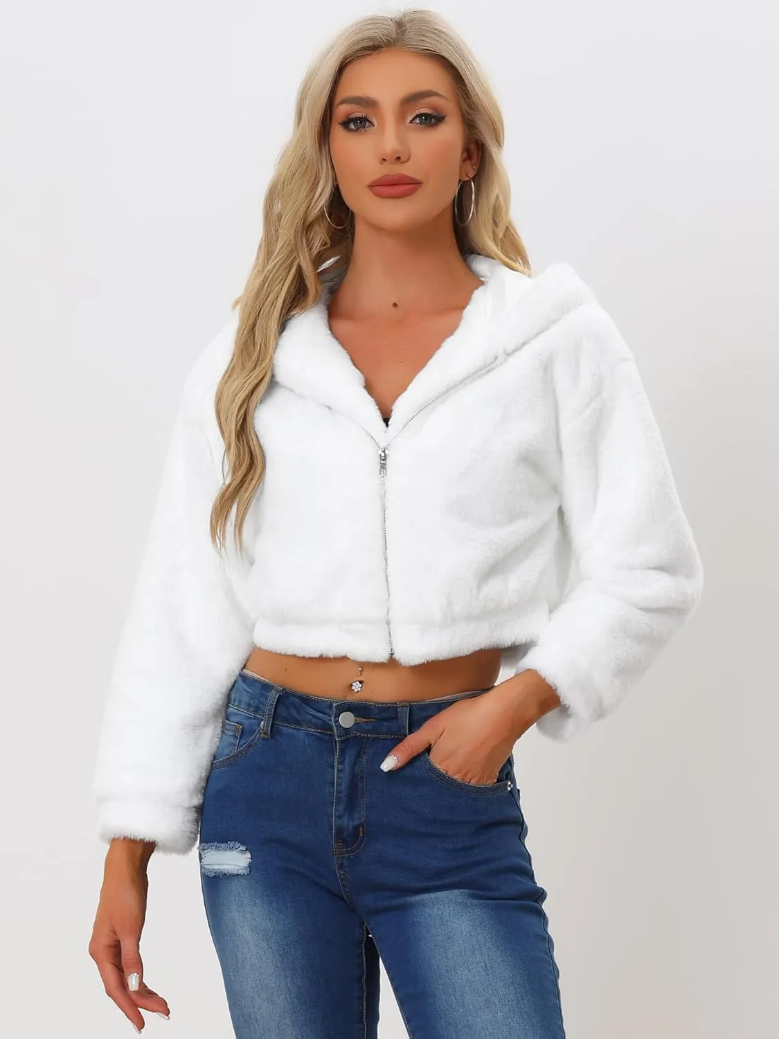 Allegra K Women's Faux Fur Coat Zip Up Casual Fuzzy Fluffy Crop Hooded Jackets