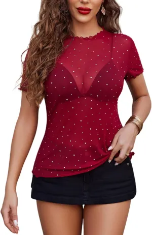 Avidlove Women Mesh Tops Short Sleeve Rhinestone Shirts Sheer Blouse Sexy Going Out Tops Sparkly Party Tops Summer