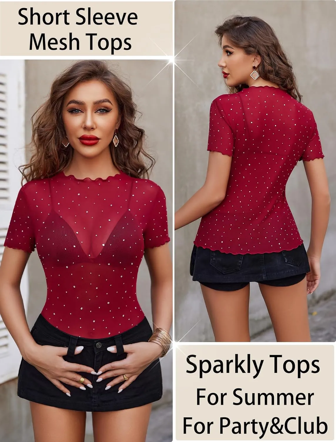 Avidlove Women Mesh Tops Short Sleeve Rhinestone Shirts Sheer Blouse Sexy Going Out Tops Sparkly Party Tops Summer