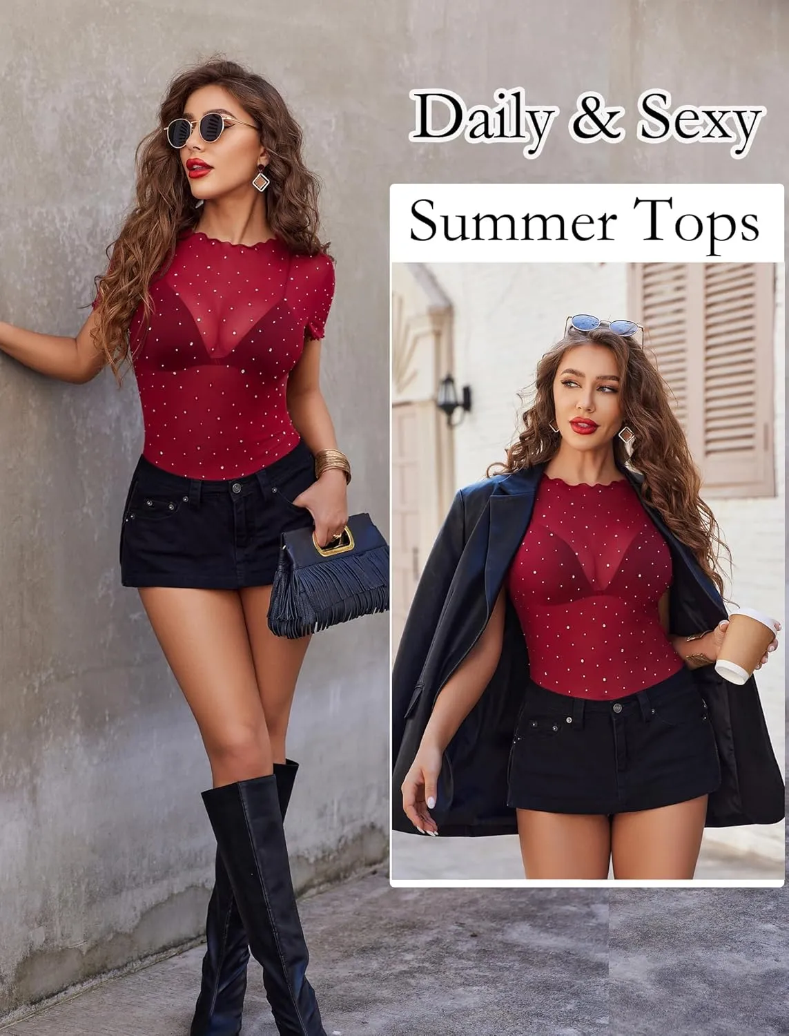 Avidlove Women Mesh Tops Short Sleeve Rhinestone Shirts Sheer Blouse Sexy Going Out Tops Sparkly Party Tops Summer