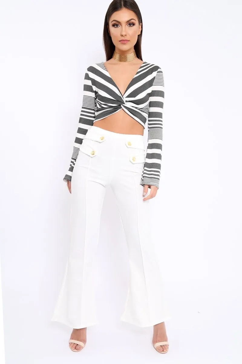 Black and White Stripe Knot Front Crop Top - Hayzl
