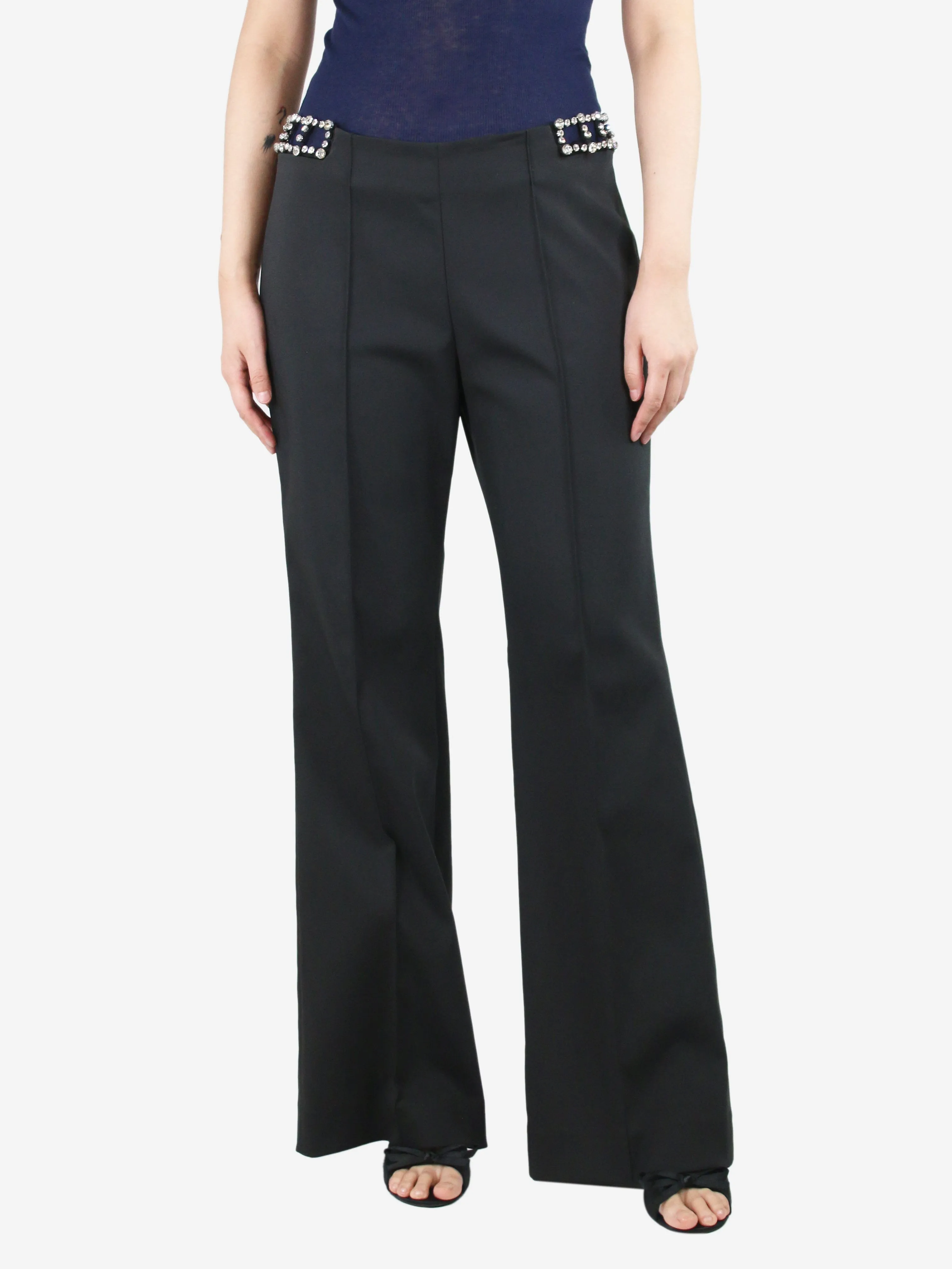Black bejewelled side cutout trousers - size UK 12