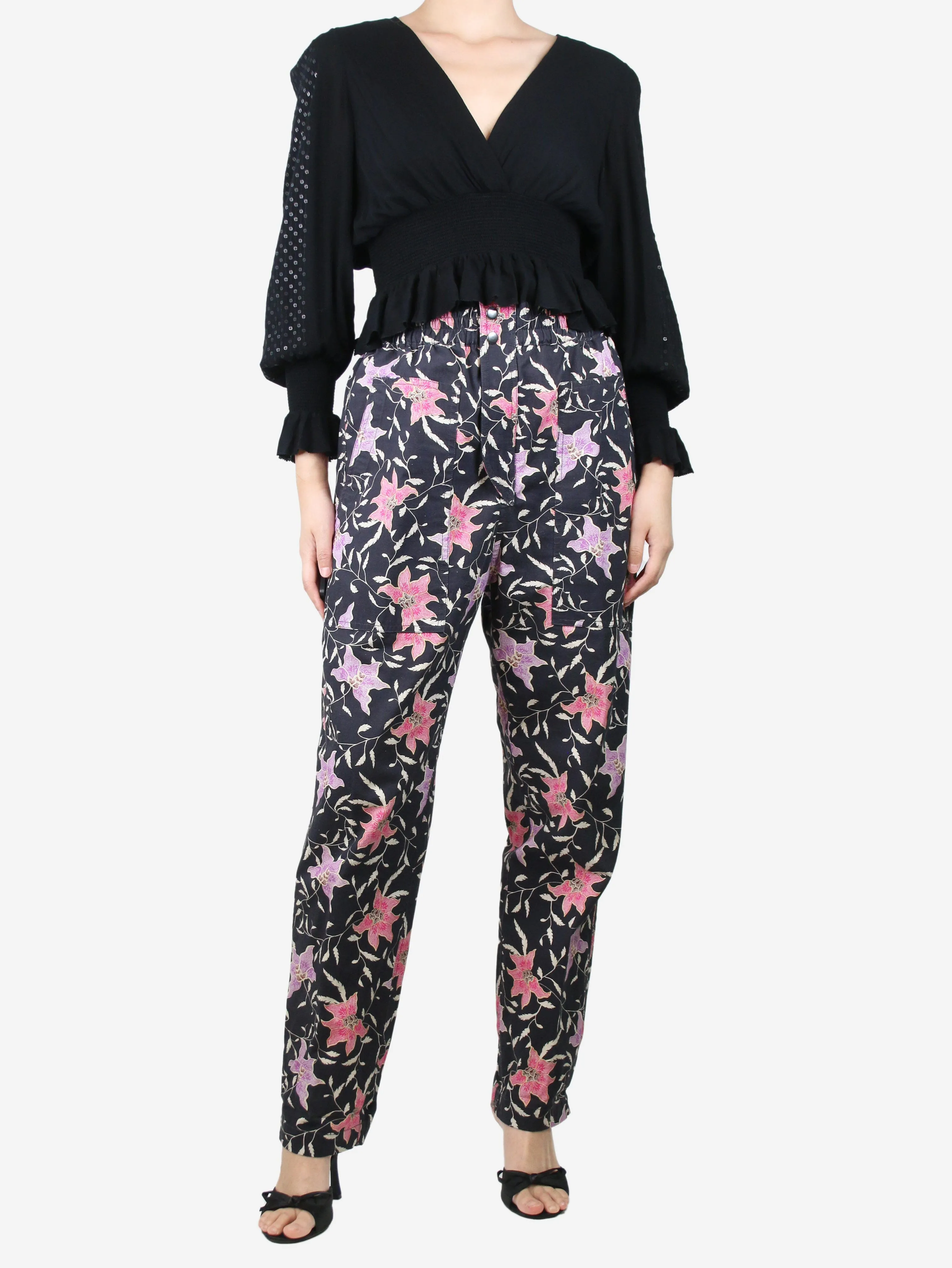Black elasticated floral trousers - size S