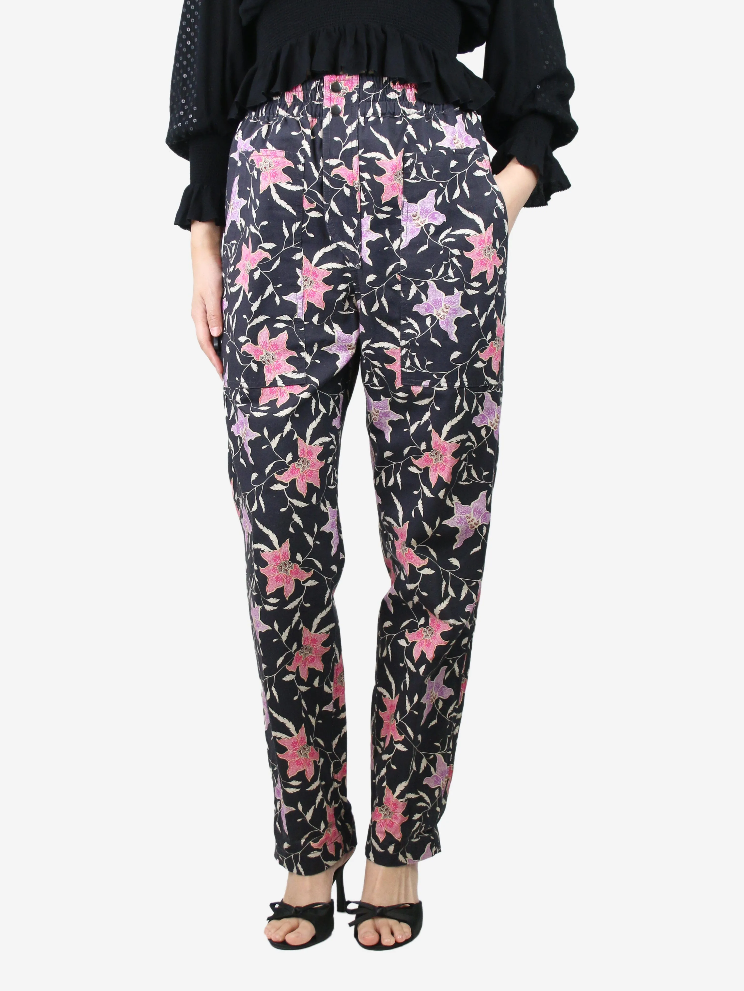 Black elasticated floral trousers - size S