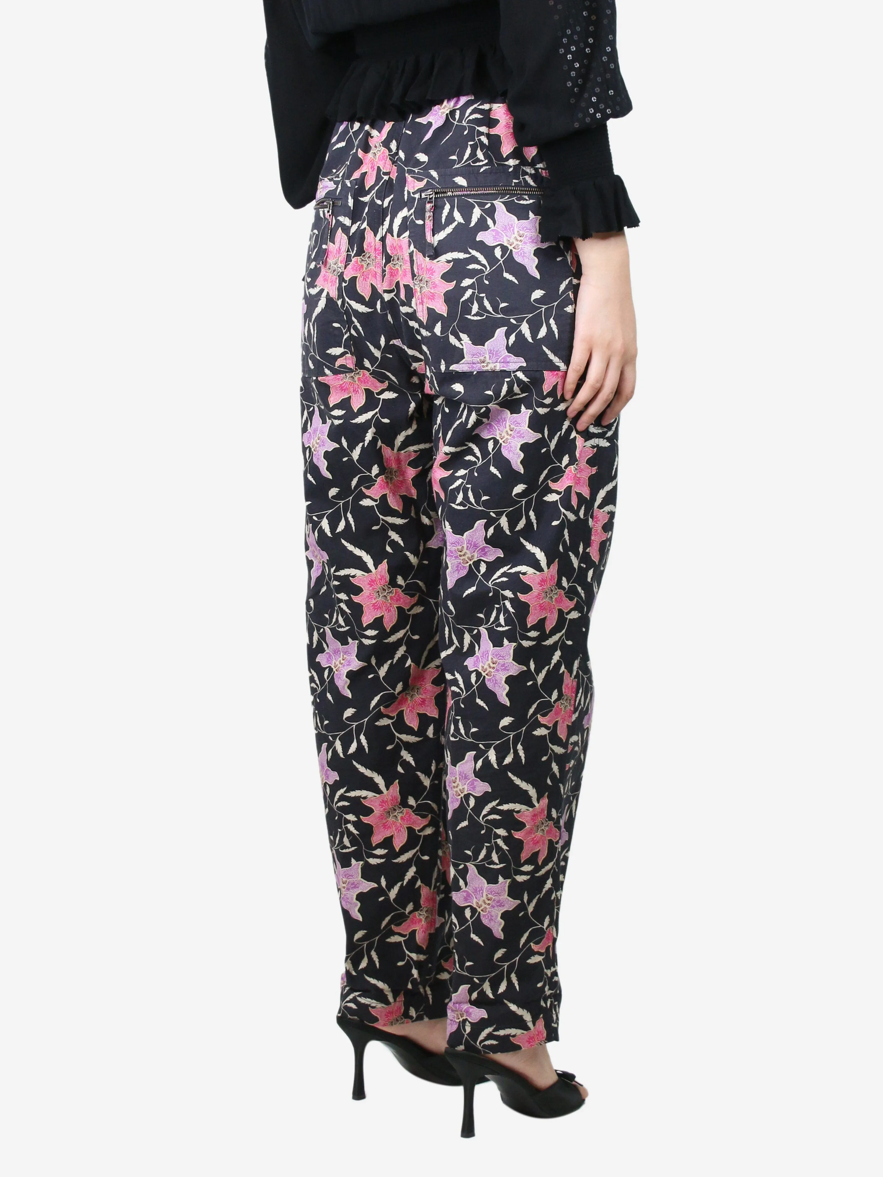 Black elasticated floral trousers - size S