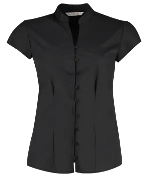Black - Women's continental blouse mandarin collar cap sleeve (tailored fit)