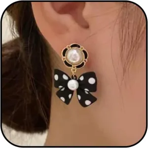 Bow Earrings for Women Pearl Dangle Jewelry, Black White Trendy Earrings Lightweight Minimalist Accessories Gift Versatile Day to Night