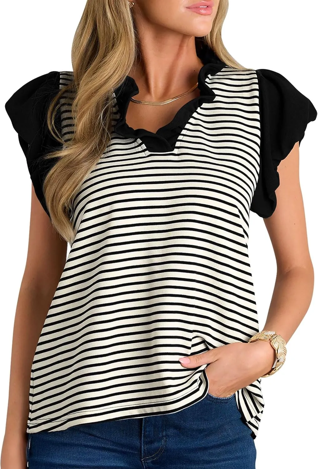 Cakulo Womens Striped Summer Ruffle Cap Short Sleeve Tops 2025 Casual Blouses V Neck T Shirts Loose Top