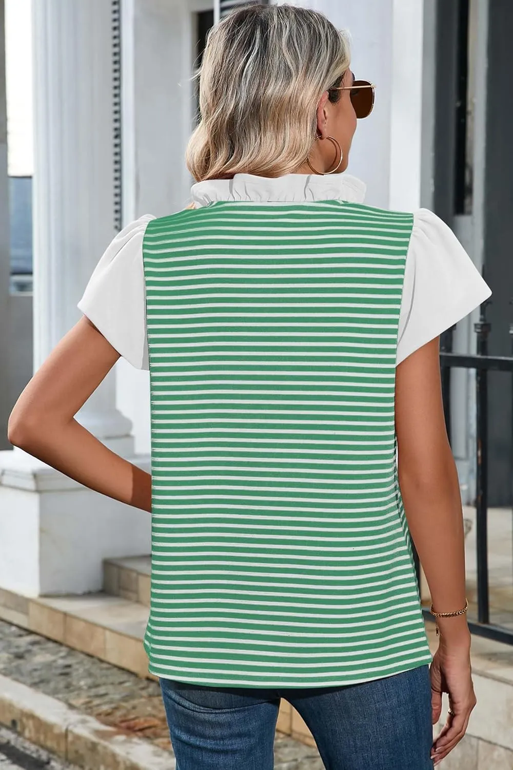 Cakulo Womens Striped Summer Ruffle Cap Short Sleeve Tops 2025 Casual Blouses V Neck T Shirts Loose Top