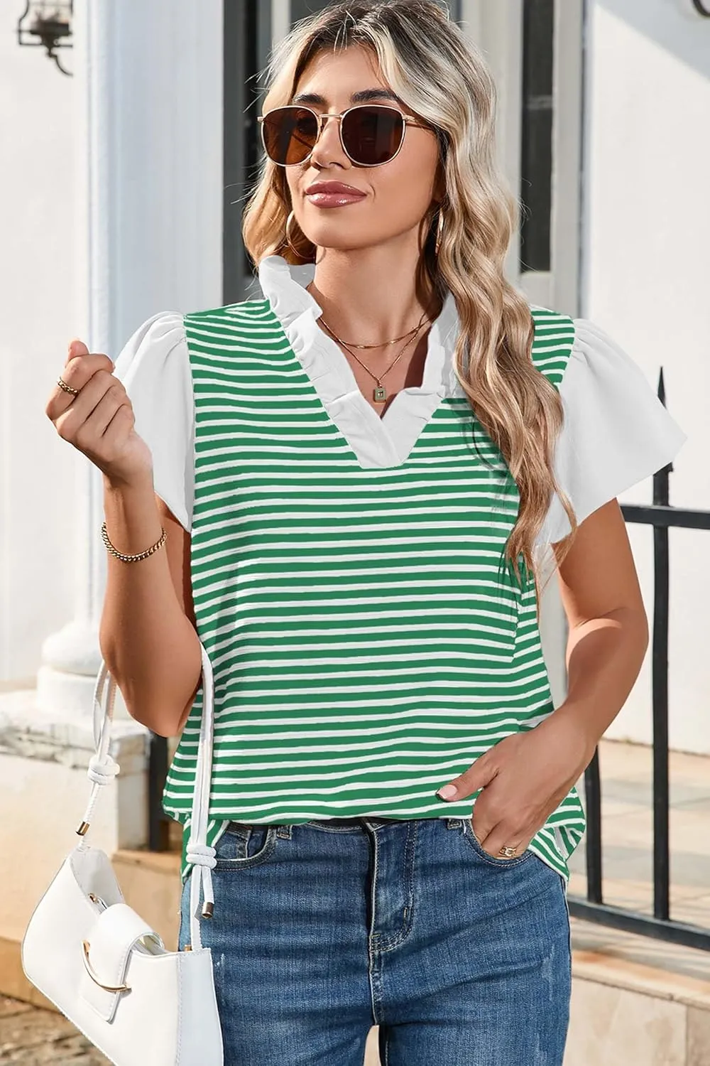 Cakulo Womens Striped Summer Ruffle Cap Short Sleeve Tops 2025 Casual Blouses V Neck T Shirts Loose Top