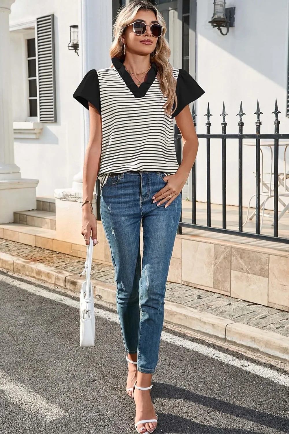 Cakulo Womens Striped Summer Ruffle Cap Short Sleeve Tops 2025 Casual Blouses V Neck T Shirts Loose Top