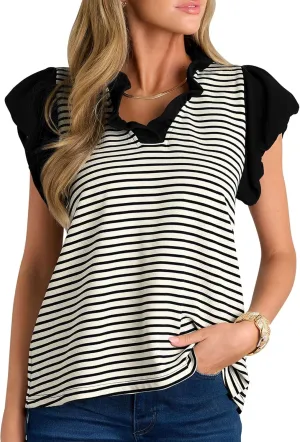 Cakulo Womens Striped Summer Ruffle Cap Short Sleeve Tops 2025 Casual Blouses V Neck T Shirts Loose Top