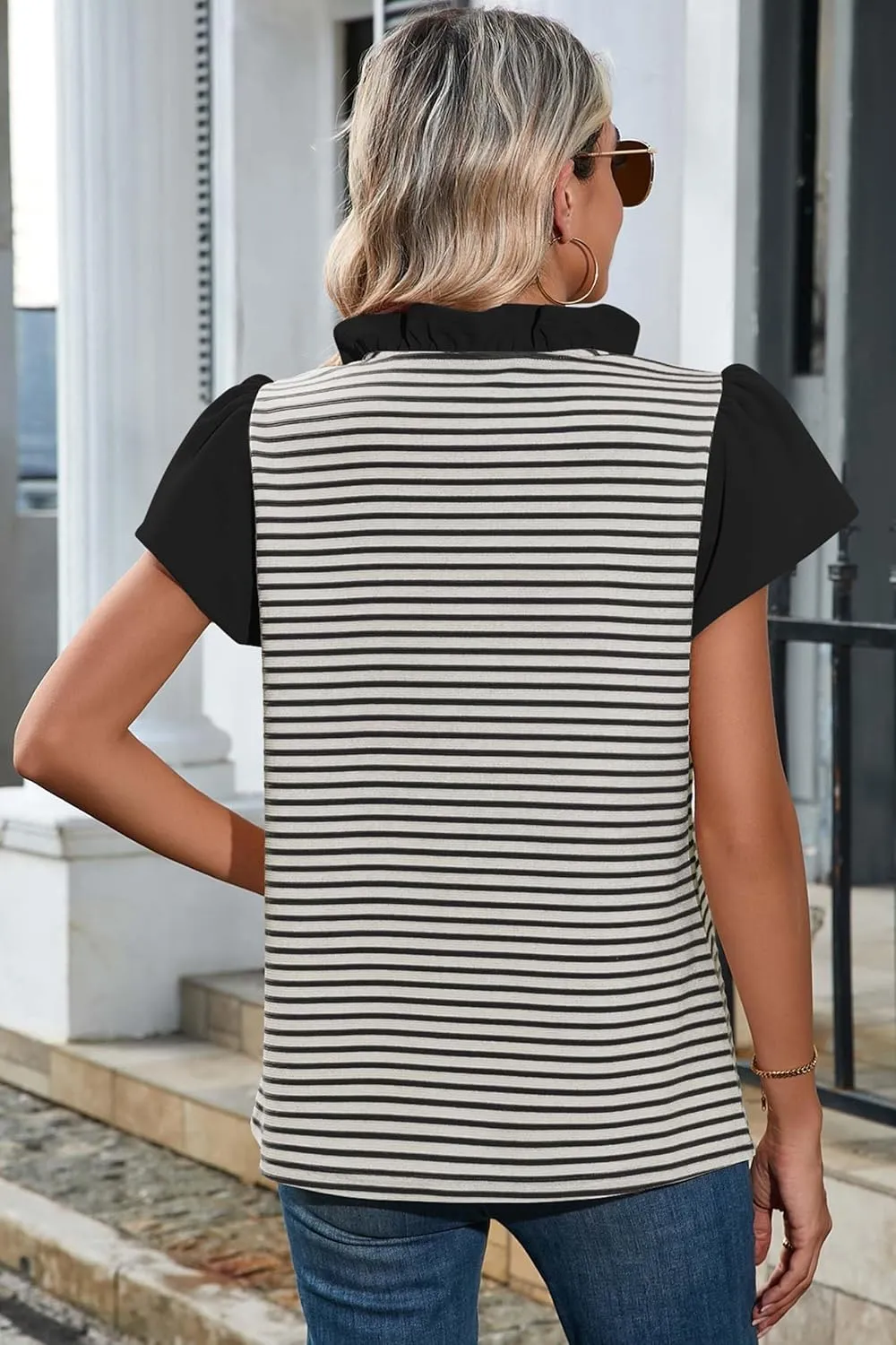 Cakulo Womens Striped Summer Ruffle Cap Short Sleeve Tops 2025 Casual Blouses V Neck T Shirts Loose Top