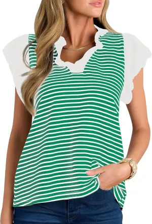 Cakulo Womens Striped Summer Ruffle Cap Short Sleeve Tops 2025 Casual Blouses V Neck T Shirts Loose Top