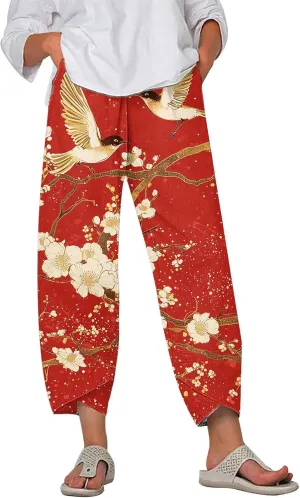Capris Linen Pants Women Ocean Art Print Baggy Wide Leg Elastic Waist Pallazzo Hippie Pants for Beach