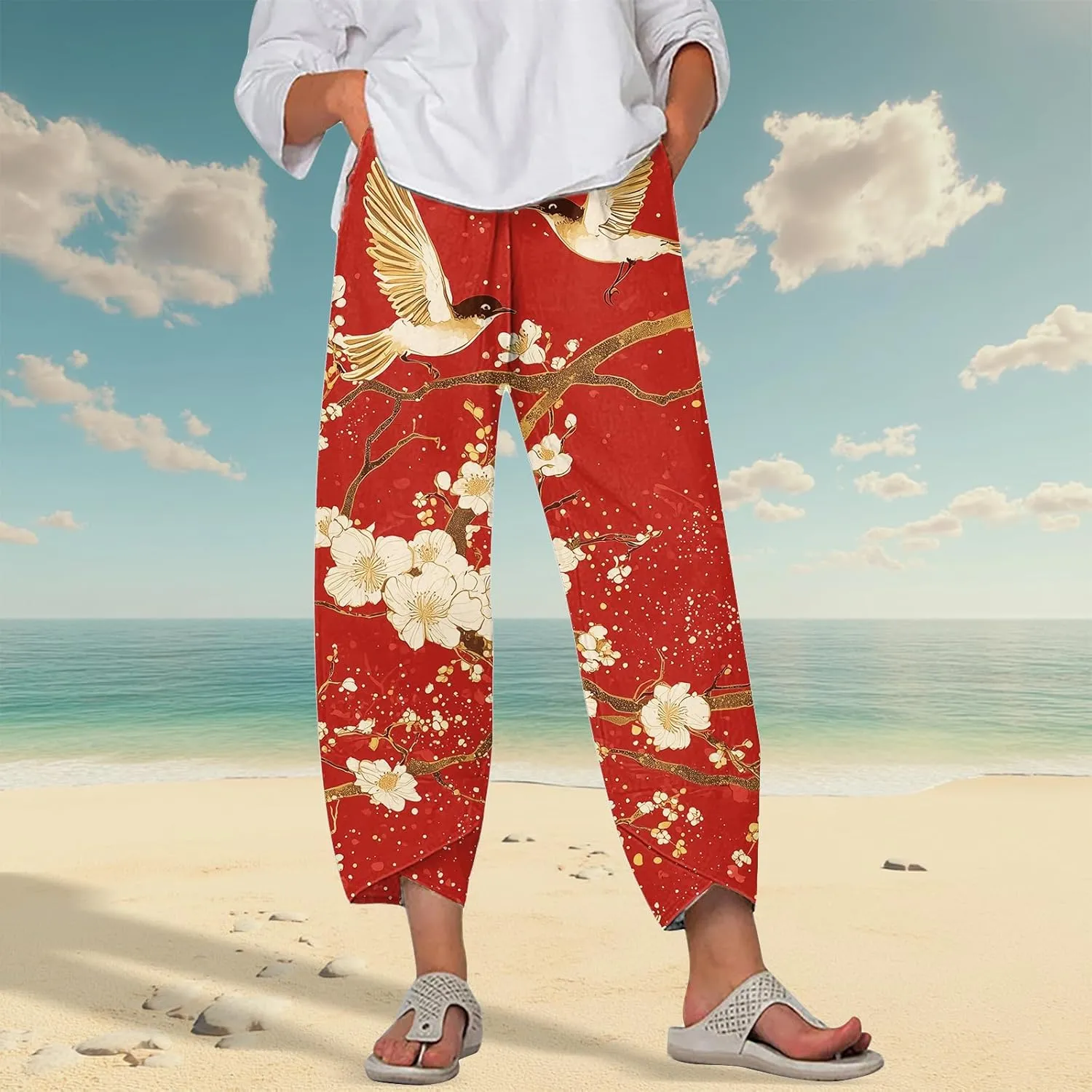 Capris Linen Pants Women Ocean Art Print Baggy Wide Leg Elastic Waist Pallazzo Hippie Pants for Beach