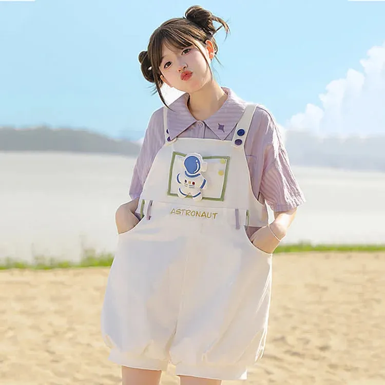 Cartoon Astronaut Bear Letter Print Striped T-Shirt Overalls Shorts