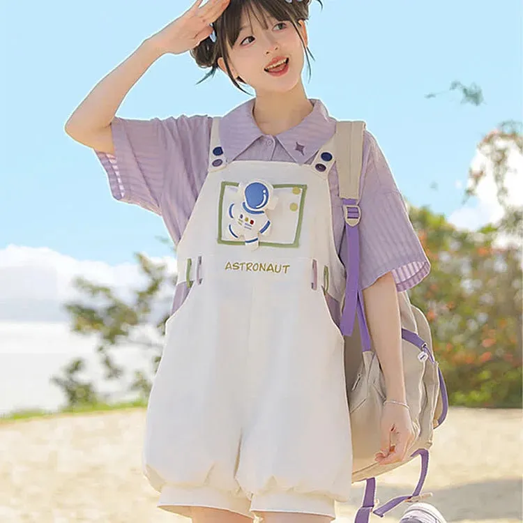 Cartoon Astronaut Bear Letter Print Striped T-Shirt Overalls Shorts