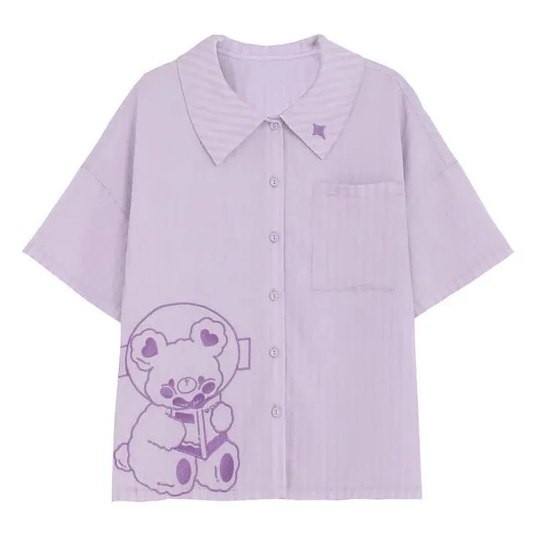 Cartoon Astronaut Bear Letter Print Striped T-Shirt Overalls Shorts