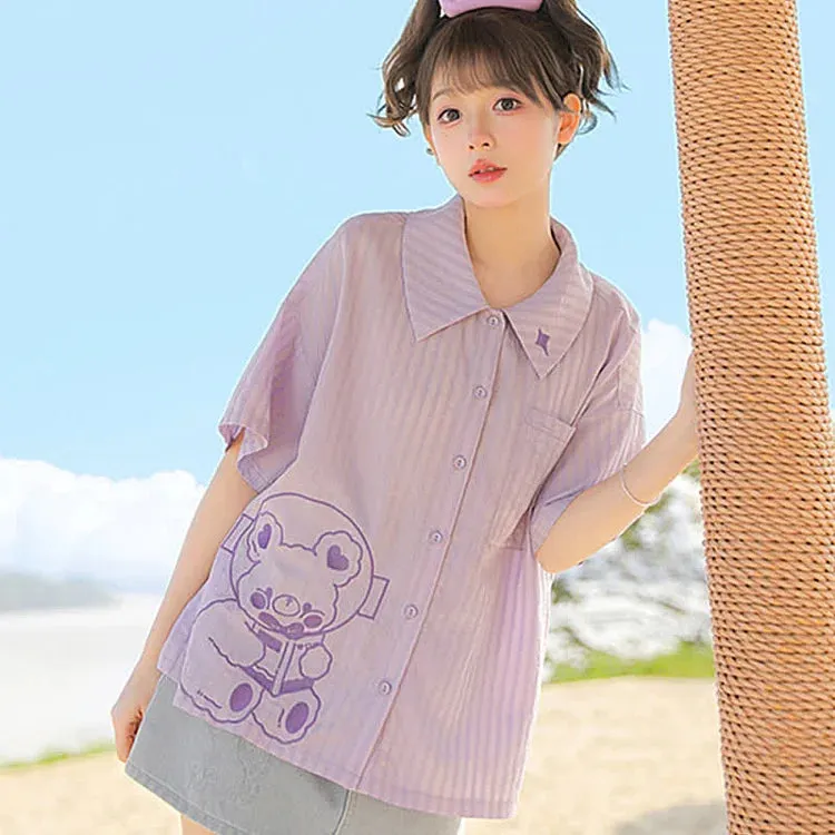 Cartoon Astronaut Bear Letter Print Striped T-Shirt Overalls Shorts