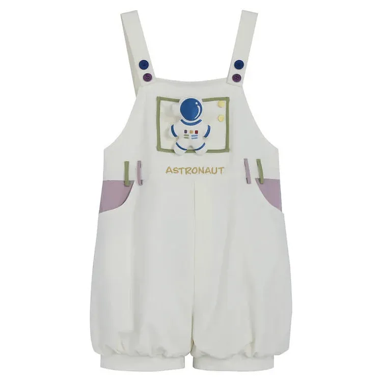 Cartoon Astronaut Bear Letter Print Striped T-Shirt Overalls Shorts