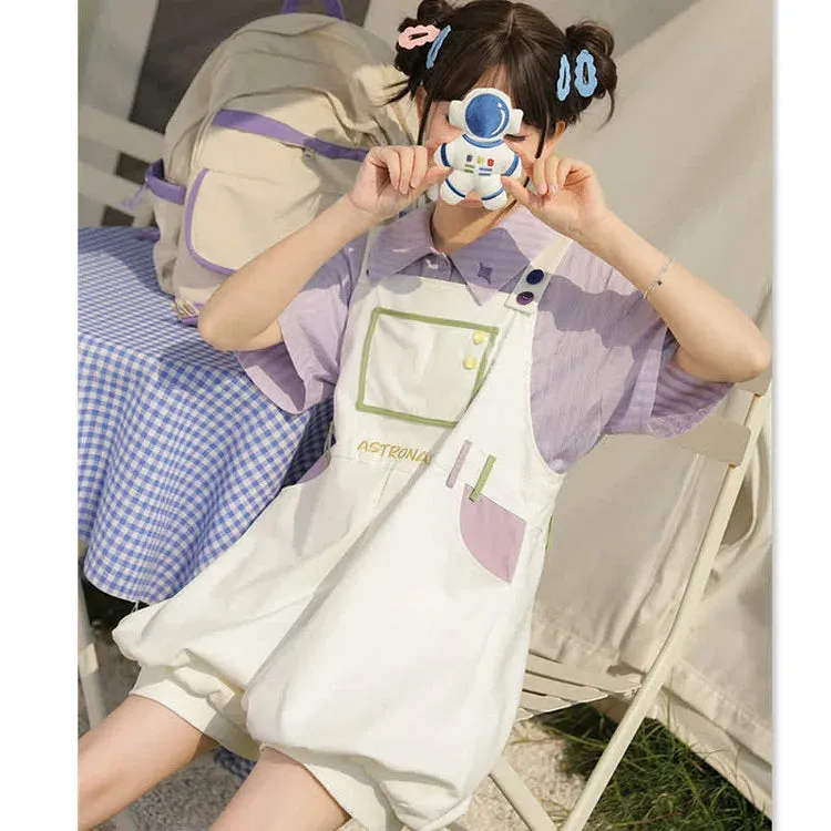 Cartoon Astronaut Bear Letter Print Striped T-Shirt Overalls Shorts