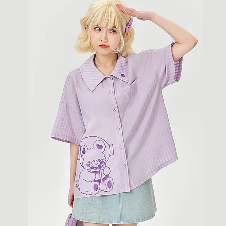 Cartoon Astronaut Bear Letter Print Striped T-Shirt Overalls Shorts