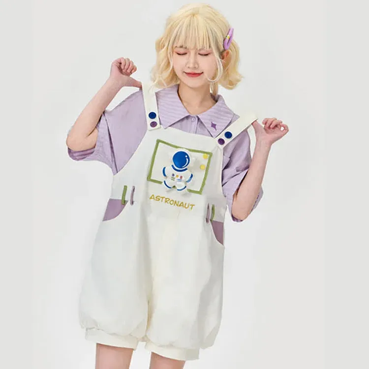 Cartoon Astronaut Bear Letter Print Striped T-Shirt Overalls Shorts