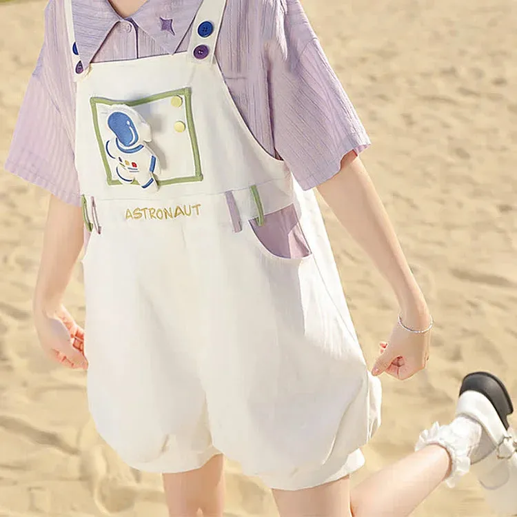 Cartoon Astronaut Bear Letter Print Striped T-Shirt Overalls Shorts