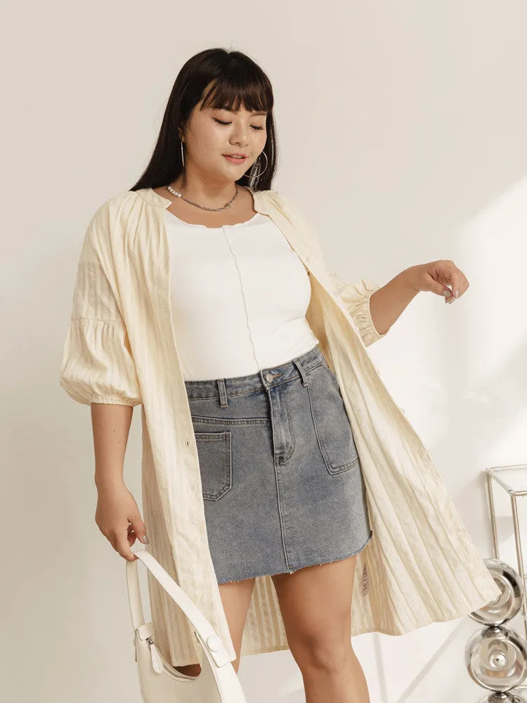 Casual Cream Long Eyelet Button Shirt Jacket Top