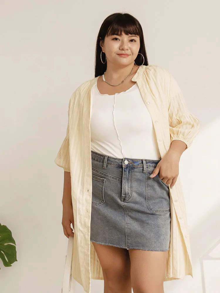 Casual Cream Long Eyelet Button Shirt Jacket Top
