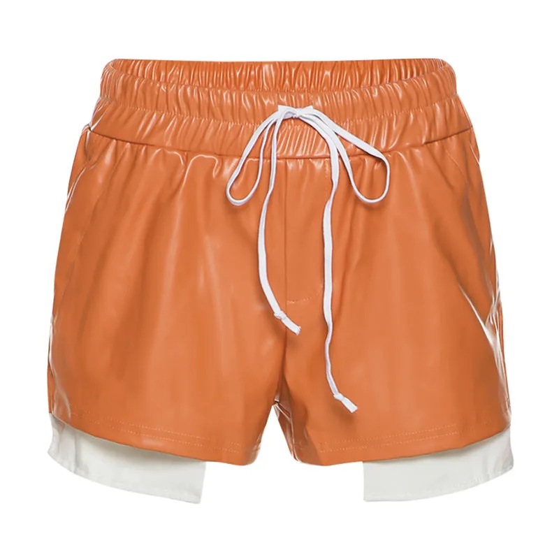 Contrast Faux Leather Lace-Up Shorts（AY2278）