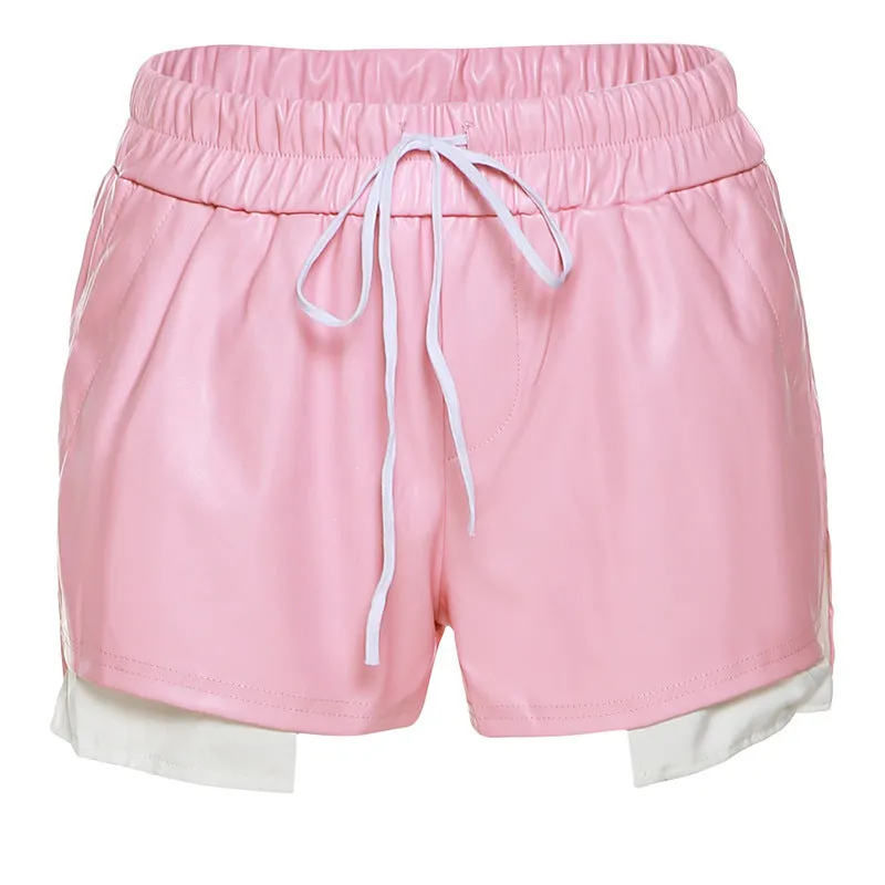 Contrast Faux Leather Lace-Up Shorts（AY2278）