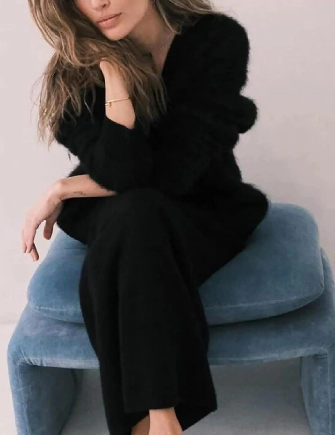COZYPOIN Womens Fuzzy Mohair Cardigan Open Front Button Down V Neck Long Sleeve Sweater Slouchy Drop Shoulder Knit Coat