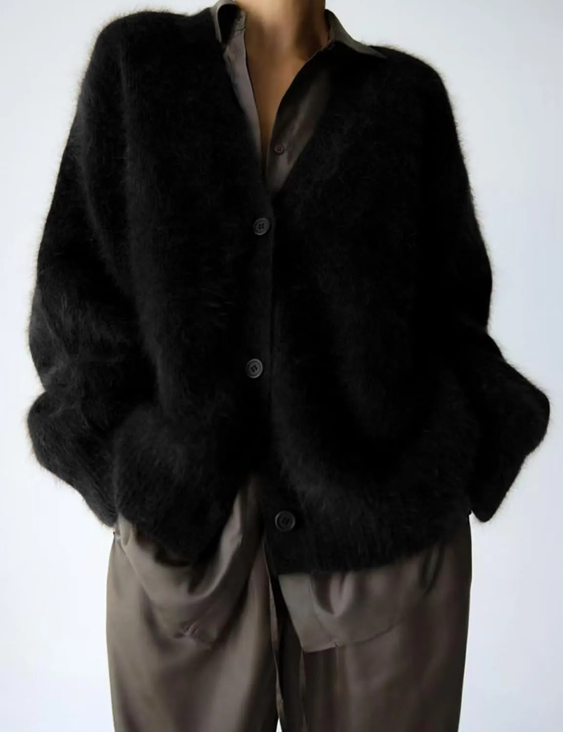 COZYPOIN Womens Fuzzy Mohair Cardigan Open Front Button Down V Neck Long Sleeve Sweater Slouchy Drop Shoulder Knit Coat