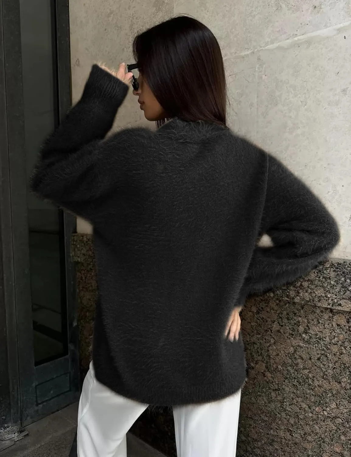 COZYPOIN Womens Fuzzy Mohair Cardigan Open Front Button Down V Neck Long Sleeve Sweater Slouchy Drop Shoulder Knit Coat