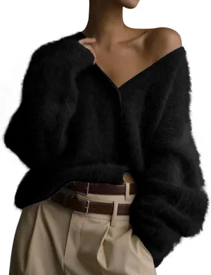 COZYPOIN Womens Fuzzy Mohair Cardigan Open Front Button Down V Neck Long Sleeve Sweater Slouchy Drop Shoulder Knit Coat